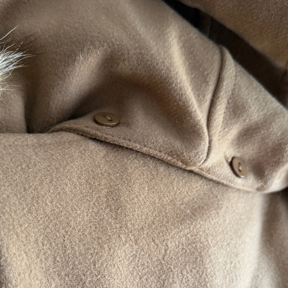 Trina Turk Tan Wool Coat with Coyote Fur Hood - Picture 10 of 16